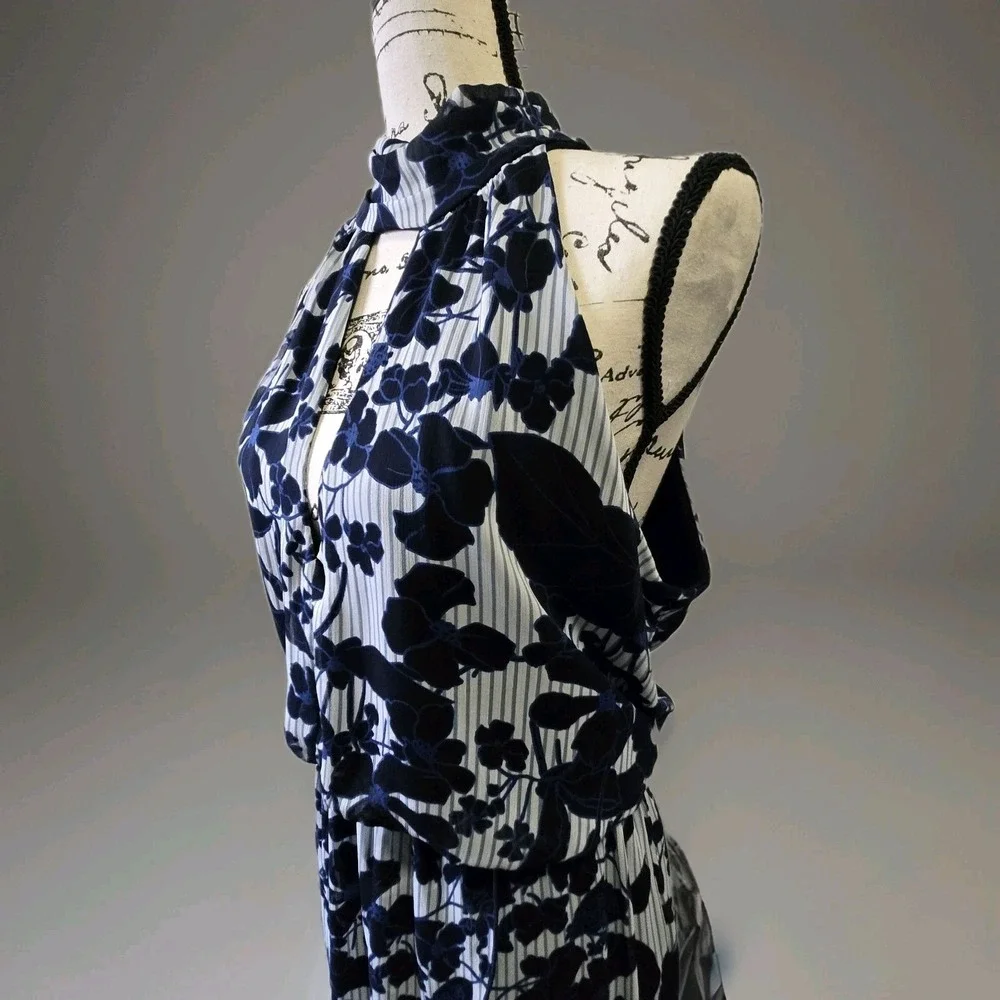 En Focus Studio Maxi Dress Women's Sz 14 Blue Gray Sleeveless Floral‎ Mock Neck - Picture 6 of 14